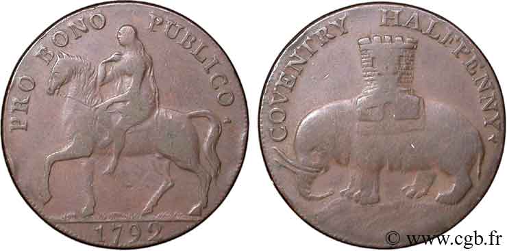 ROYAUME-UNI (TOKENS) 1/2 Penny Coventry (Warwickshire) Lady Godiva sur un cheval / tour sur un éléphant 1792  TB 