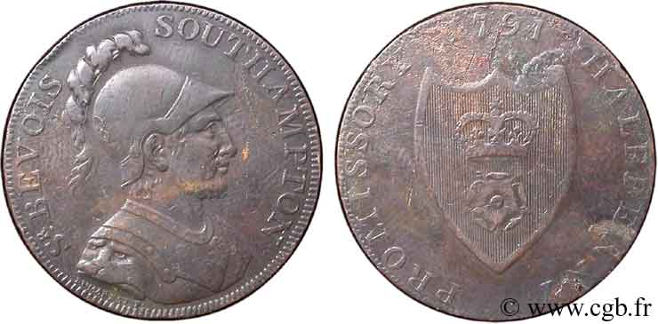 ROYAUME-UNI (TOKENS) 1/2 Penny Portsmouth - Sir Bevois 1791 Portsmouth TB+ 