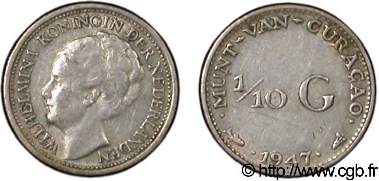 CURACAO 1/10 Gulden reine Wilhelmina 1947 Utrecht TTB 