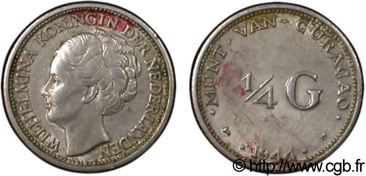 CURACAO 1/4 Gulden reine Wilhelmina 1944 Denver - D TTB 