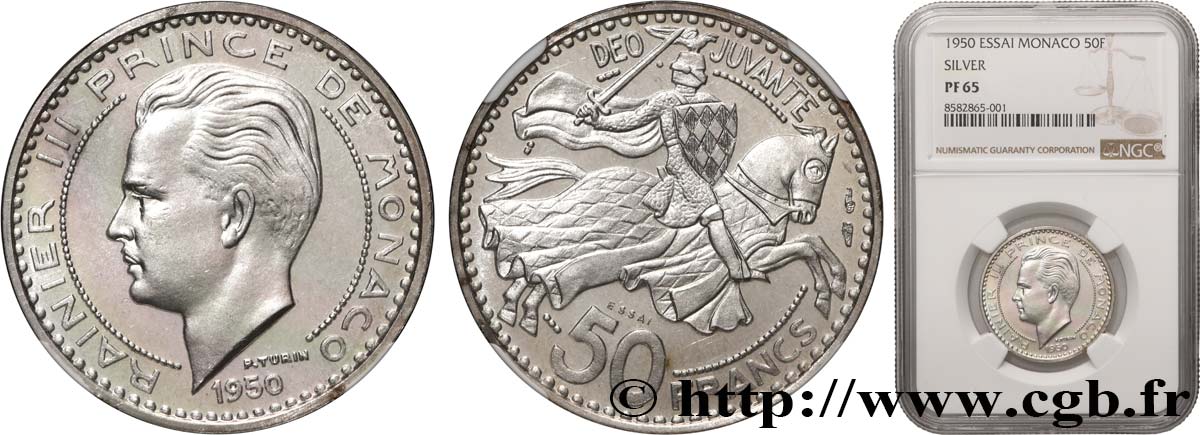 MONACO - PRINCIPALITY OF MONACO - RAINIER III Essai de 50 Francs Proof argent 1950 Paris MS65 NGC