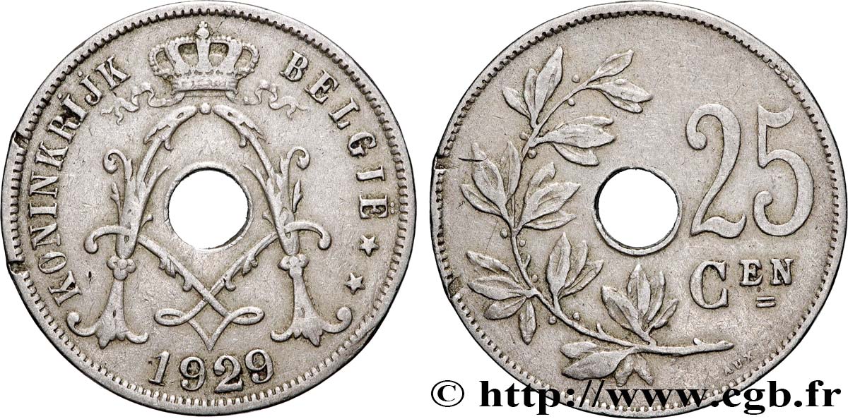 BELGIQUE 25 Centiemen (Centimes) Albert Ier 1929 TTB