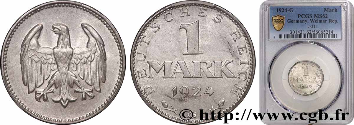 GERMANY 1 Mark aigle 1924 Karlsruhe - G MS62 PCGS