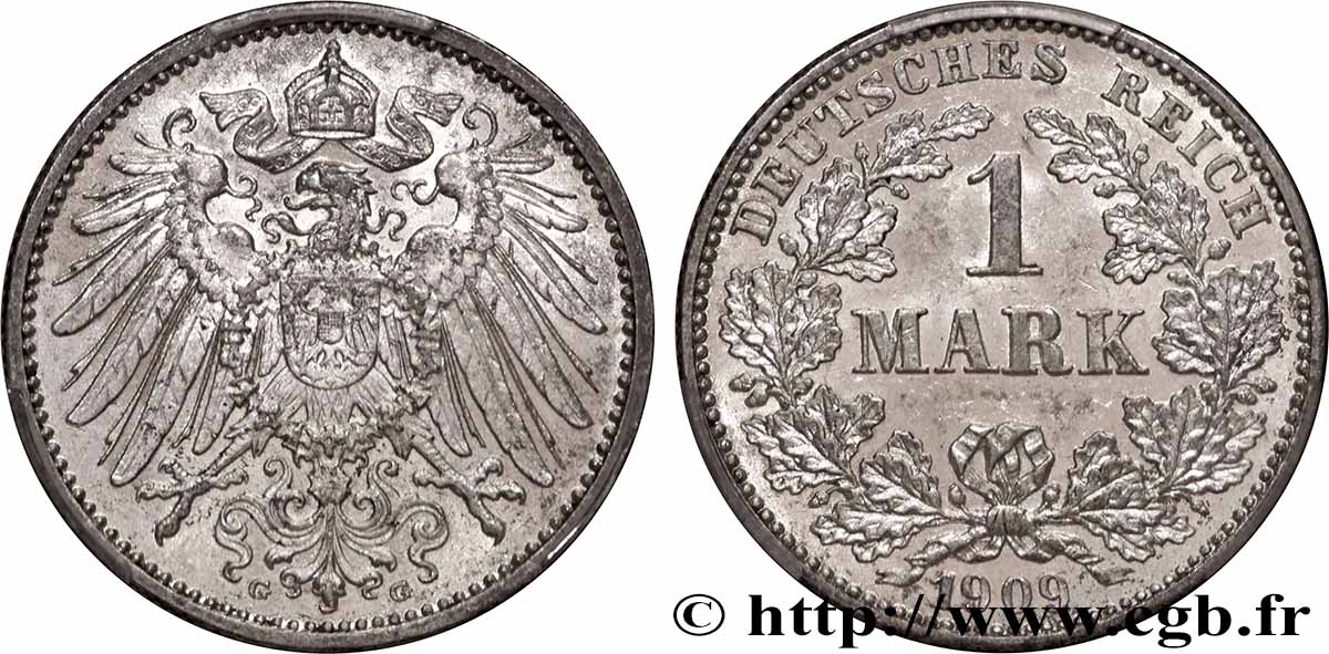 GERMANY 1 Mark Empire aigle impérial 2e type 1909 Karlsruhe MS PCGS