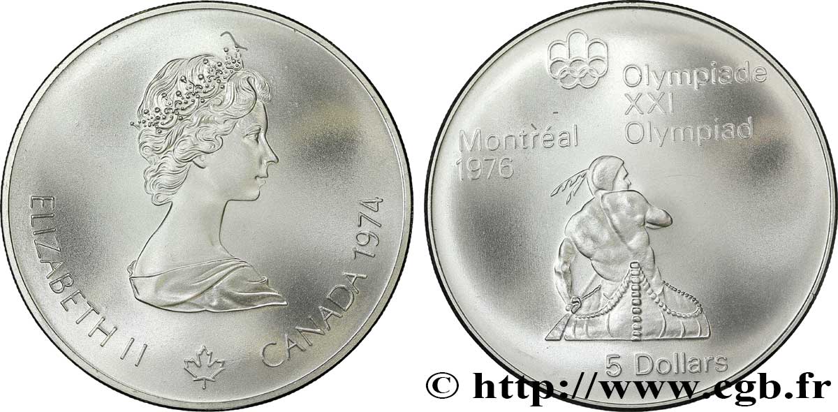 CANADA 5 Dollars JO Montréal 1976 indien sur canoë / Elisabeth II 1974  FDC 