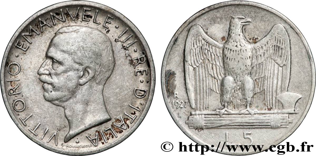ITALY 5 Lire Victor Emmanuel III 1927 Rome - R VF