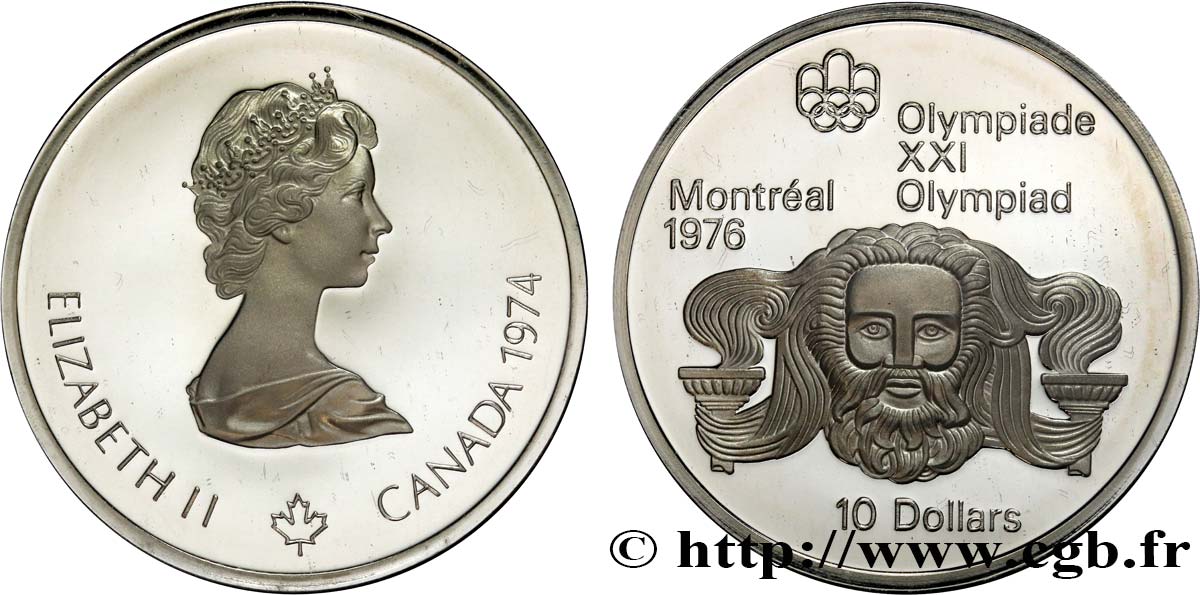 CANADá
 10 Dollars Proof JO Montréal 1976 tête de Zeus / Elisabeth II 1974  FDC 