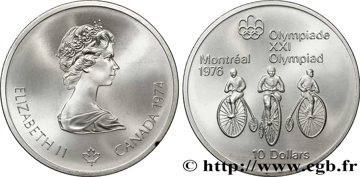 CANADA 10 Dollars JO Montréal 1976 cyclisme : grand bi / Elisabeth II 1974  FDC 