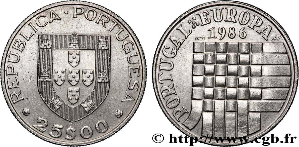 PORTUGAL 25 Escudos admission dans la Communauté Européenne 1986 Lisbonne VZ