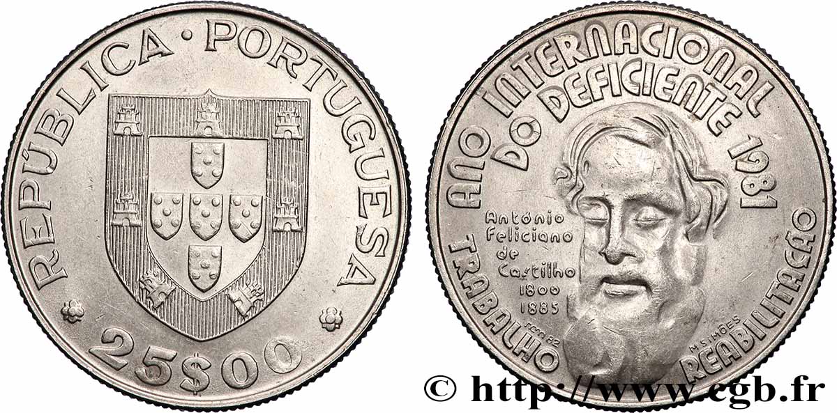 PORTUGAL 25 Escudos année internationale des handicapés 1981 Lisbonne SUP