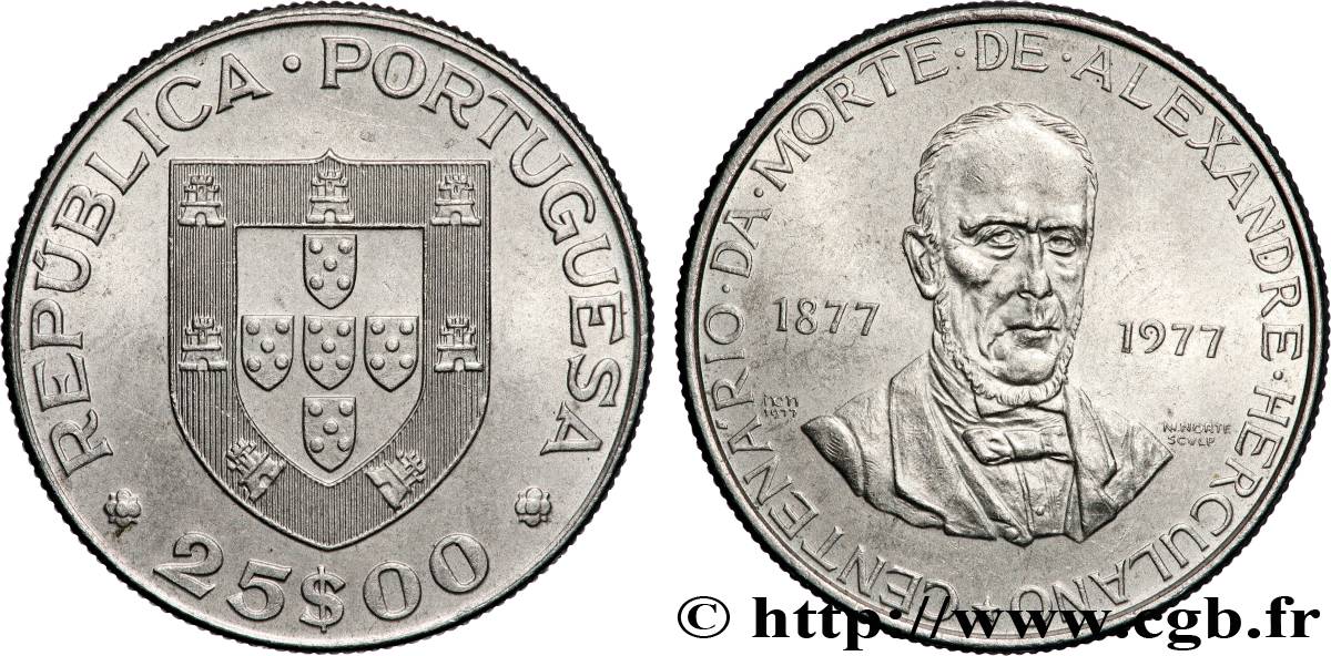 PORTUGAL 25 Escudos centenaire de la mort de l’écrivain Alexandre Herculano 1977 Lisbonne AU