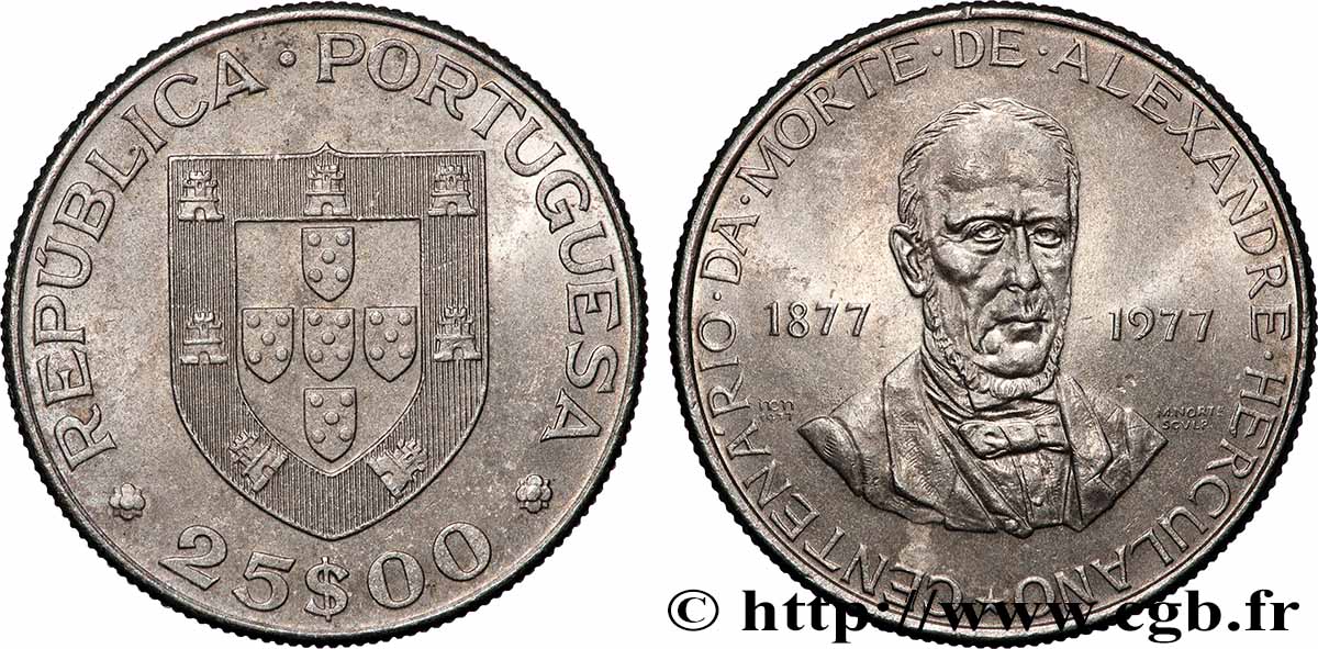 PORTUGAL 25 Escudos centenaire de la mort de l’écrivain Alexandre Herculano 1977 Lisbonne VZ