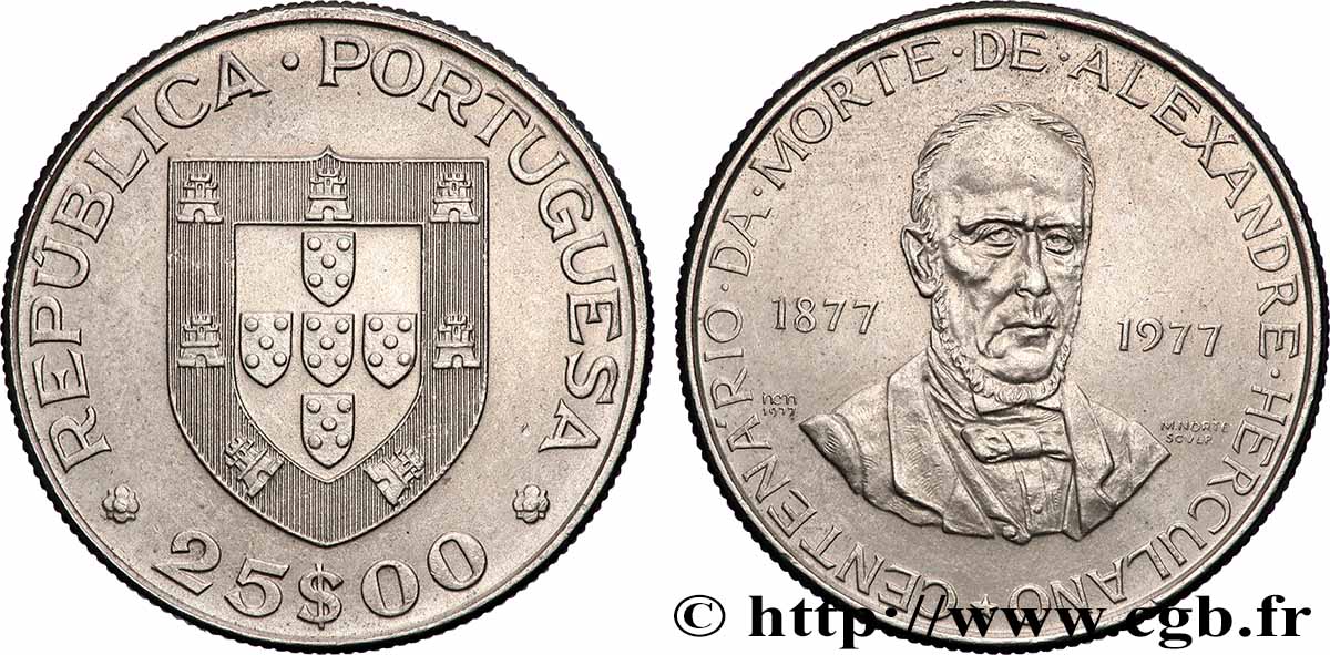 PORTUGAL 25 Escudos centenaire de la mort de l’écrivain Alexandre Herculano 1977 Lisbonne SUP