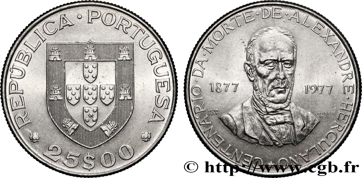PORTUGAL 25 Escudos centenaire de la mort de l’écrivain Alexandre Herculano 1977 Lisbonne SUP