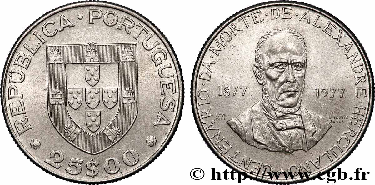 PORTUGAL 25 Escudos centenaire de la mort de l’écrivain Alexandre Herculano 1977 Lisbonne AU