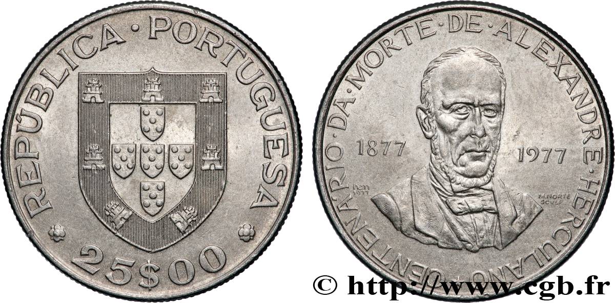PORTUGAL 25 Escudos centenaire de la mort de l’écrivain Alexandre Herculano 1977 Lisbonne SUP