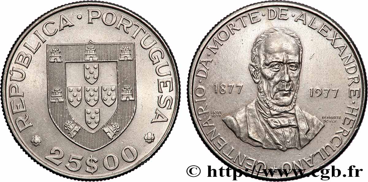 PORTUGAL 25 Escudos centenaire de la mort de l’écrivain Alexandre Herculano 1977 Lisbonne AU