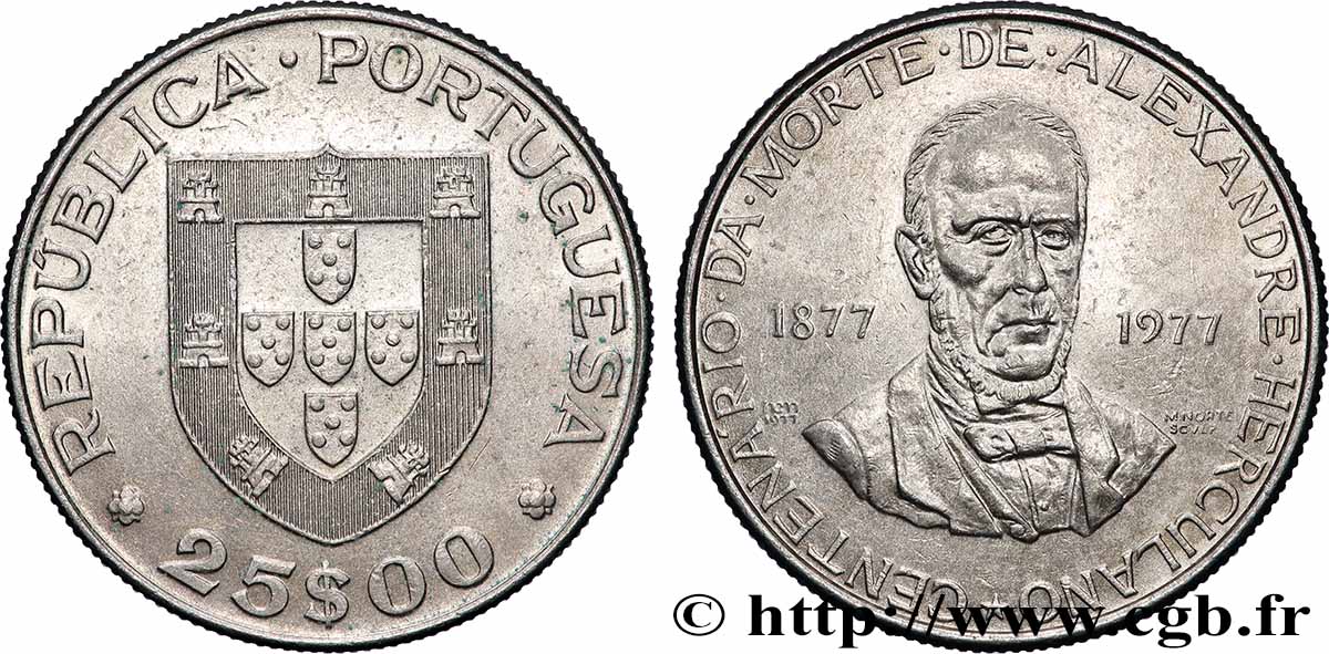 PORTUGAL 25 Escudos centenaire de la mort de l’écrivain Alexandre Herculano 1977 Lisbonne VZ