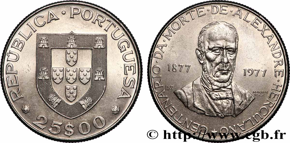 PORTUGAL 25 Escudos centenaire de la mort de l’écrivain Alexandre Herculano 1977 Lisbonne MS