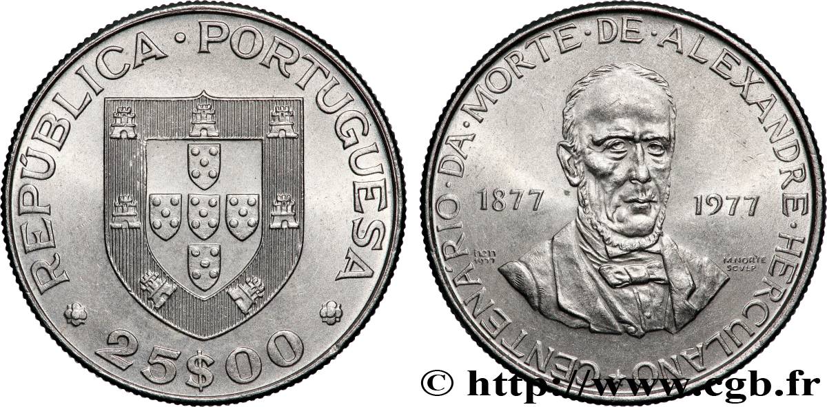 PORTUGAL 25 Escudos centenaire de la mort de l’écrivain Alexandre Herculano 1977 Lisbonne SPL