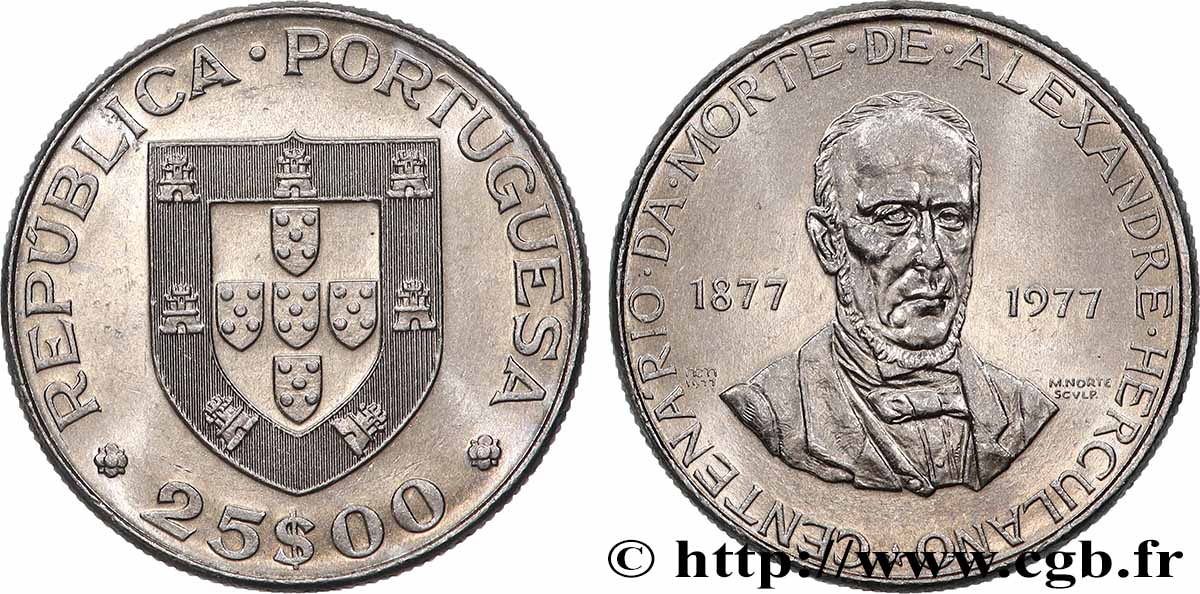 PORTUGAL 25 Escudos centenaire de la mort de l’écrivain Alexandre Herculano 1977 Lisbonne MS