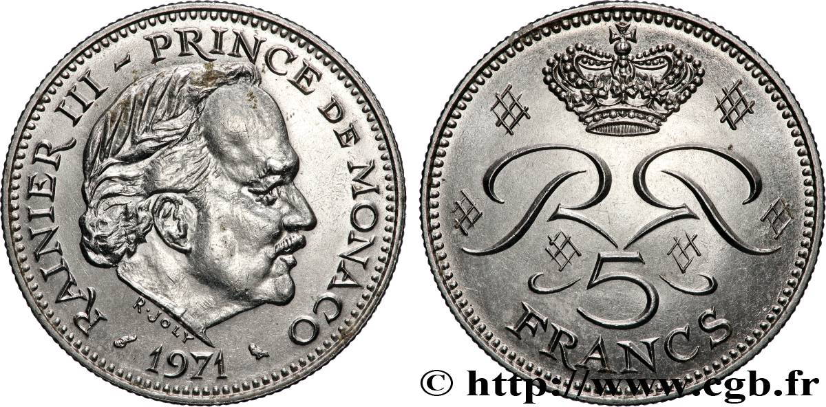 MONACO - PRINCIPALITY OF MONACO - RAINIER III 5 Francs 1971 Paris AU