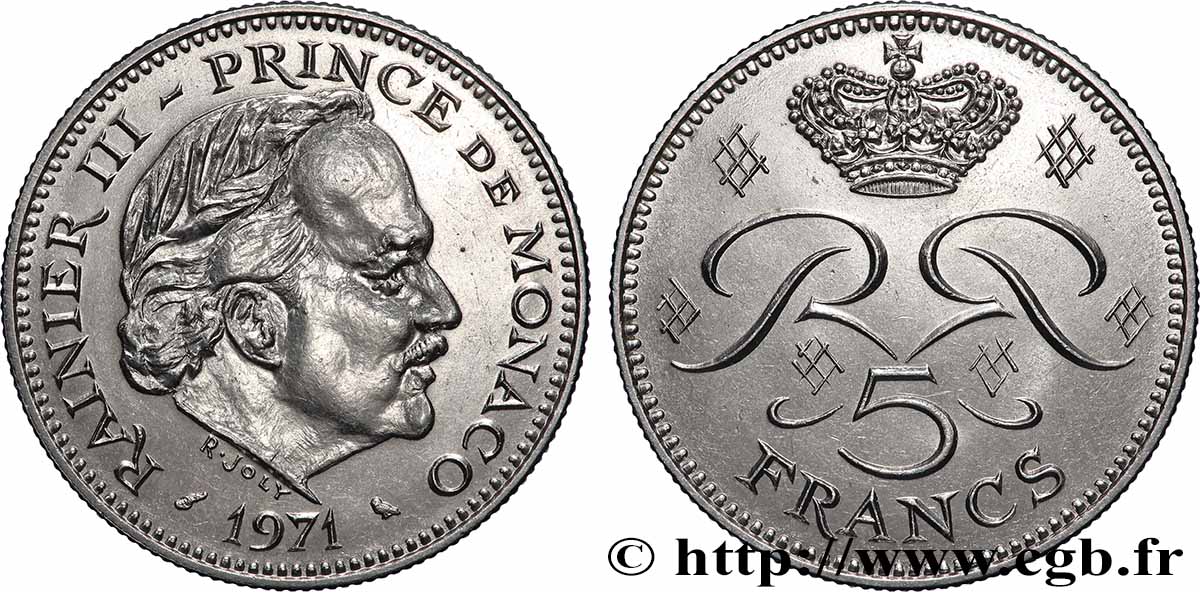 MONACO - FÜRSTENTUM MONACO - RAINIER III. 5 Francs 1971 Paris VZ
