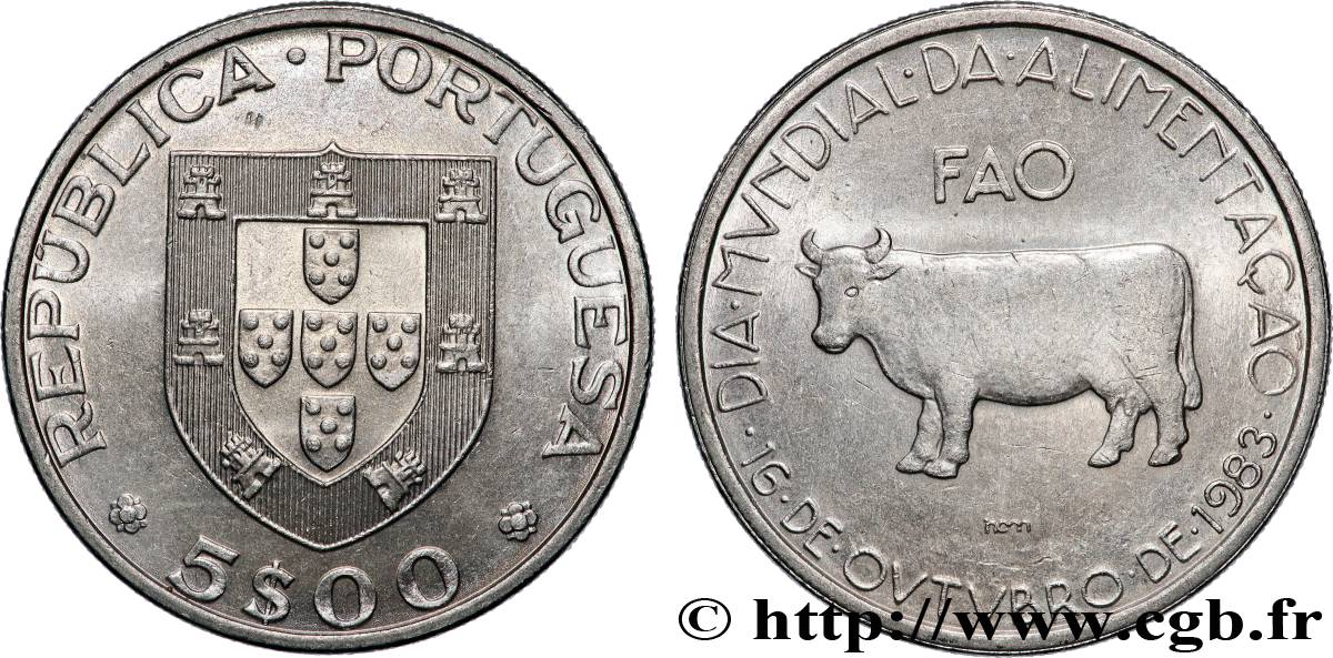 PORTUGAL 5 Escudos FAO Journée Internationale de l’Alimentation : emblème / vache 1983 Lisbonne AU