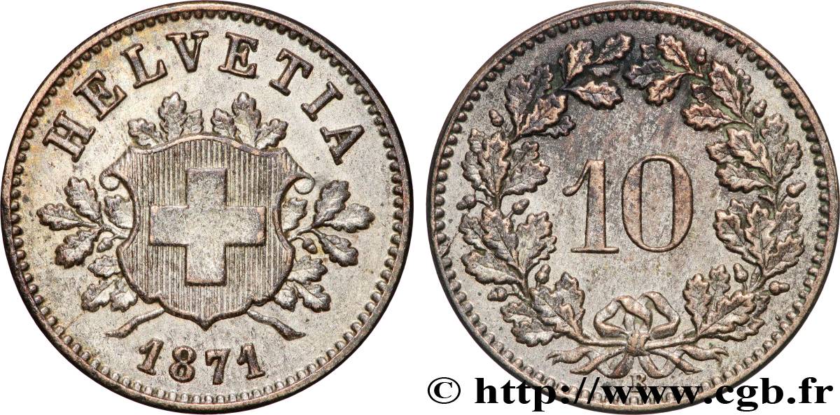 SWITZERLAND 10 Centimes (Rappen) croix suisse 1871 Berne - B XF