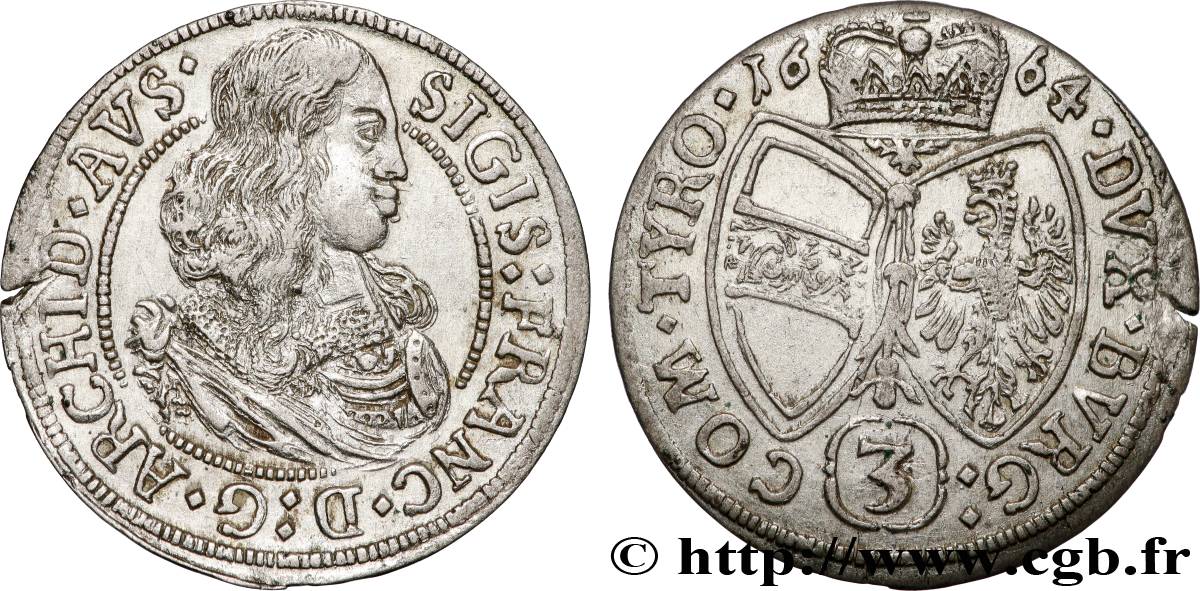 AUTRICHE - TYROL - ARCHIDUC SIGISMOND-FRANÇOIS D AUTRICHE 3 Kreuzer 1664 Hall TTB+