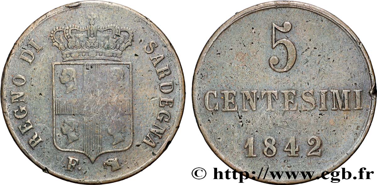 ITALIE - ROYAUME DE SARDAIGNE 5 Centesimi Royaume de Sardaigne 1842 Turin TB+