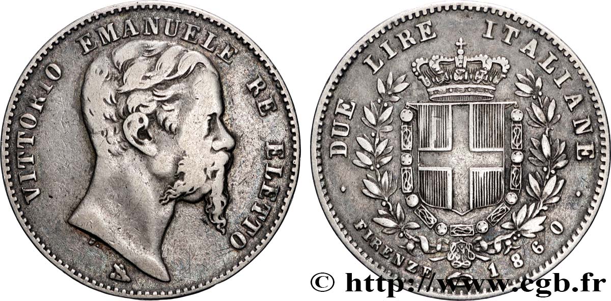 ITALIE 2 Lire Victor Emmanuel II roi élu d’Italie 1860 Florence TB+