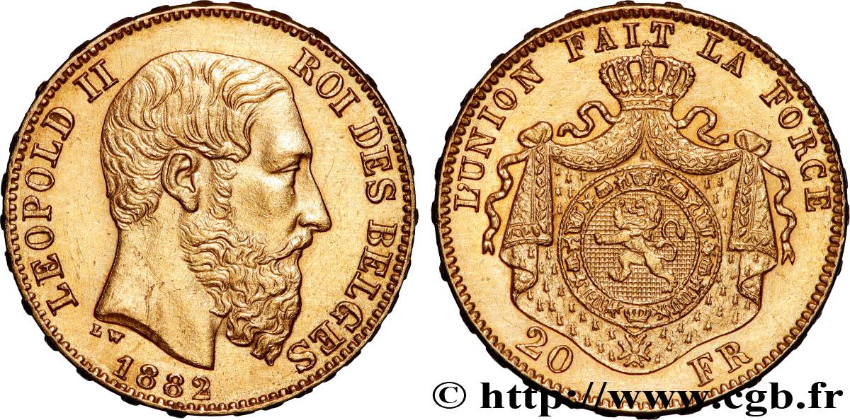 OR, PALLADIUM ET PLATINE INVESTISSEMENT 20 Francs Léopold II 1882 Bruxelles SUP