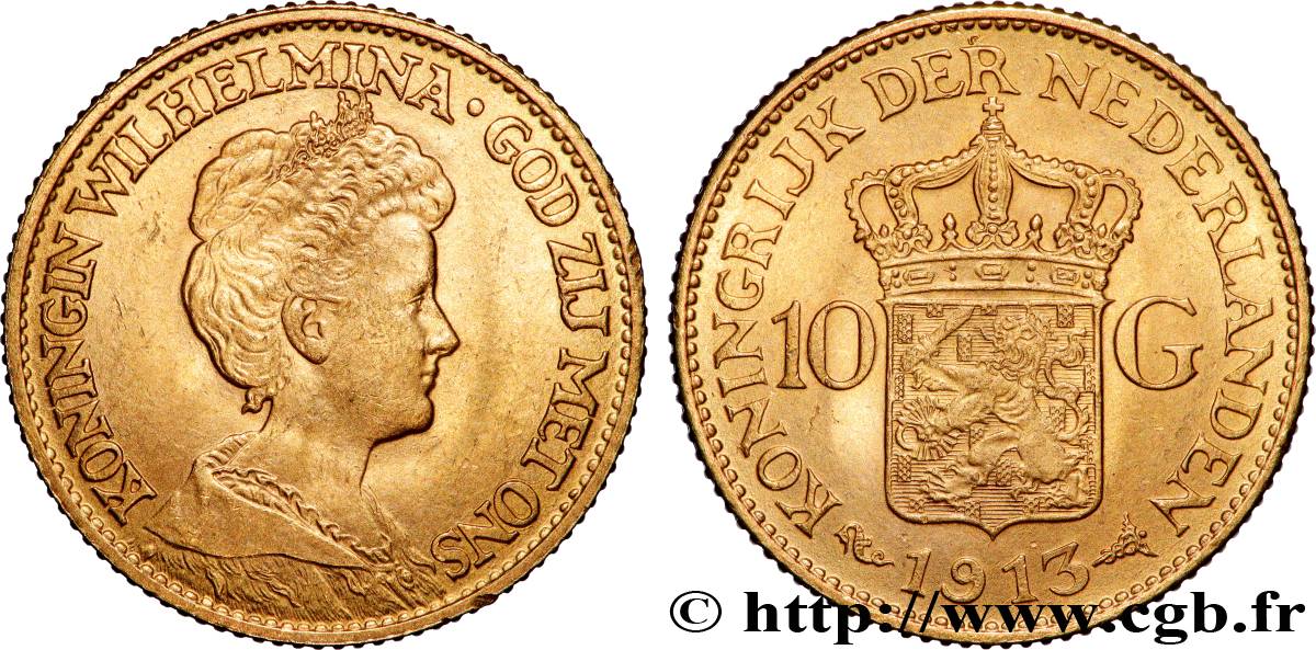 OR, PALLADIUM ET PLATINE INVESTISSEMENT 10 Gulden Wilhelmina 1913 Utrecht TTB+