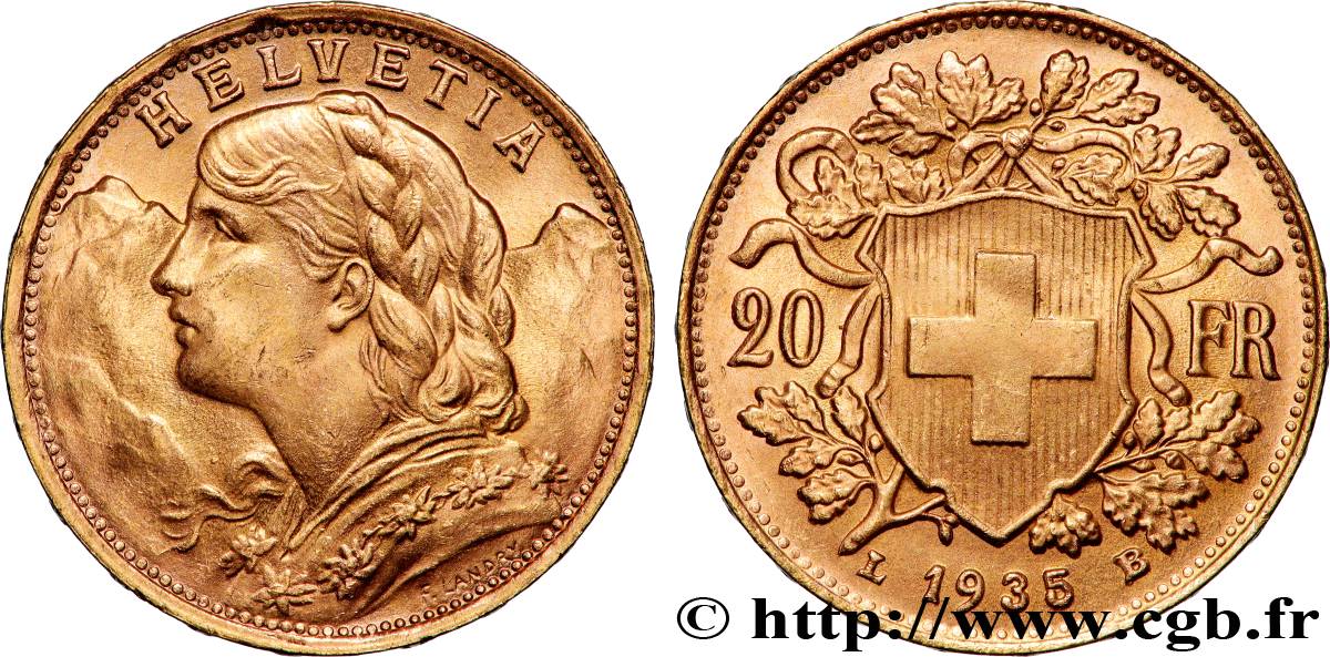 OR, PALLADIUM ET PLATINE INVESTISSEMENT 20 Francs Vreneli 1935 Berne SUP