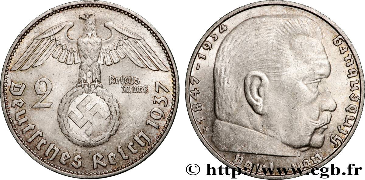 GERMANY 2 Reichsmark Maréchal Paul von Hindenburg 1937 Hambourg  AU