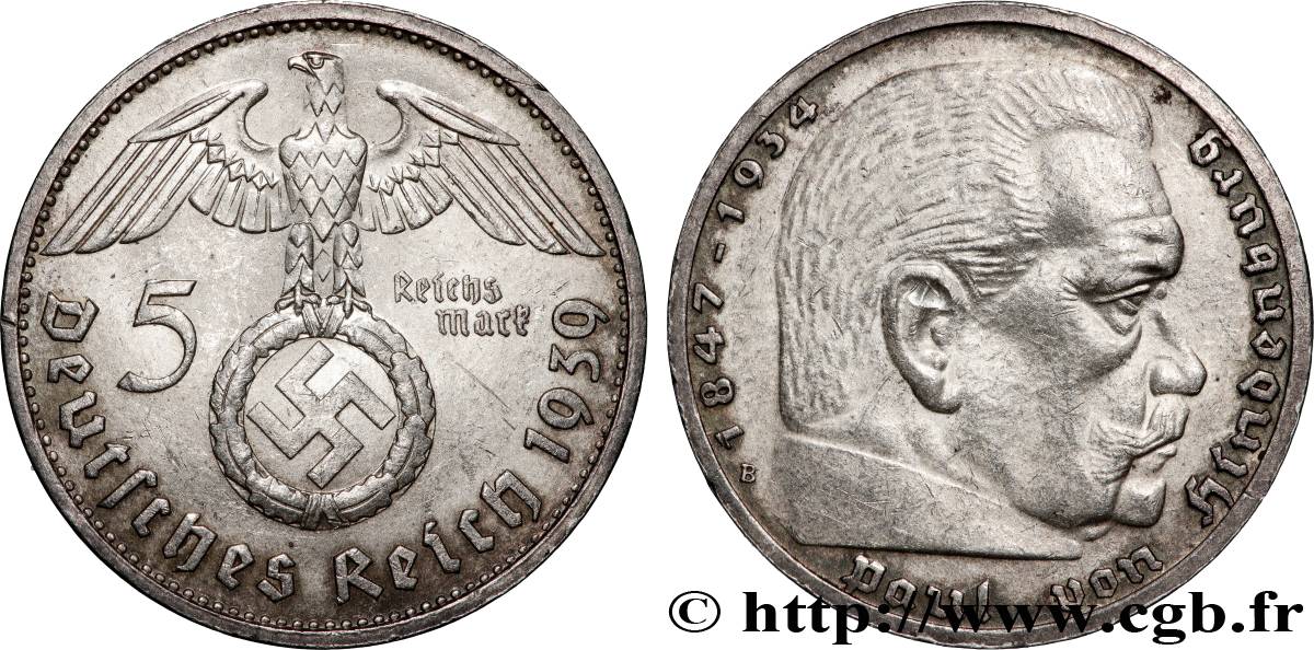 ALLEMAGNE 5 Reichsmark aigle / Maréchal Paul von Hindenburg 1939 Vienne TTB+