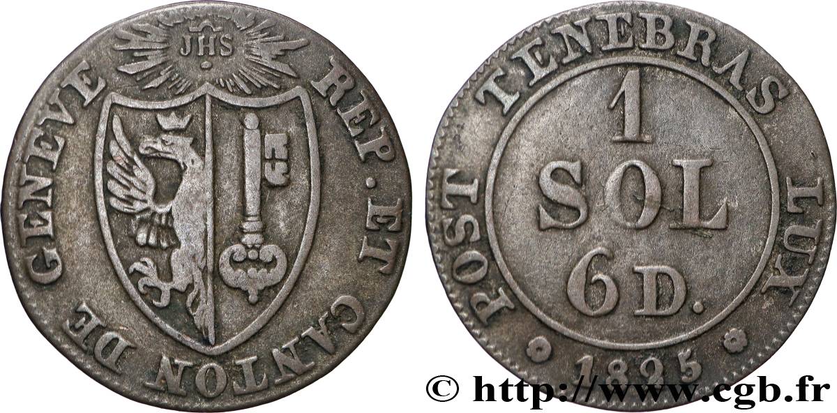SUISSE - RÉPUBLIQUE DE GENÈVE 1 Sol 6 Deniers 1825 TB+