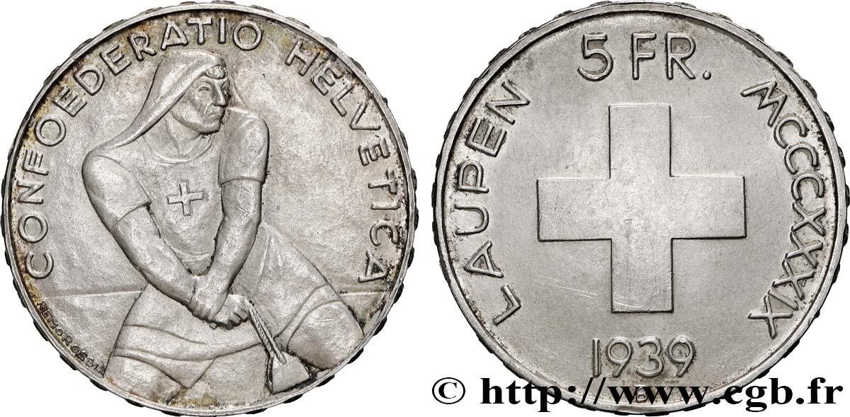 SCHWEIZ 5 Francs 600e anniversaire de la bataille de Laupen 1939 Berne fVZ