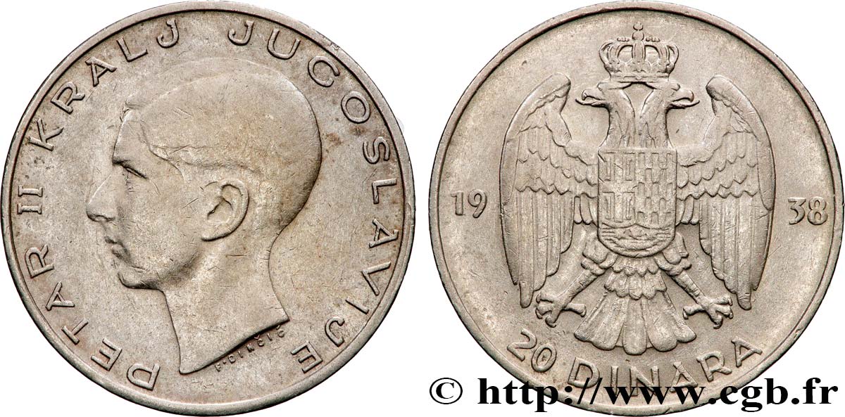 YUGOSLAVIA 20 Dinara Pierre II 1938 XF