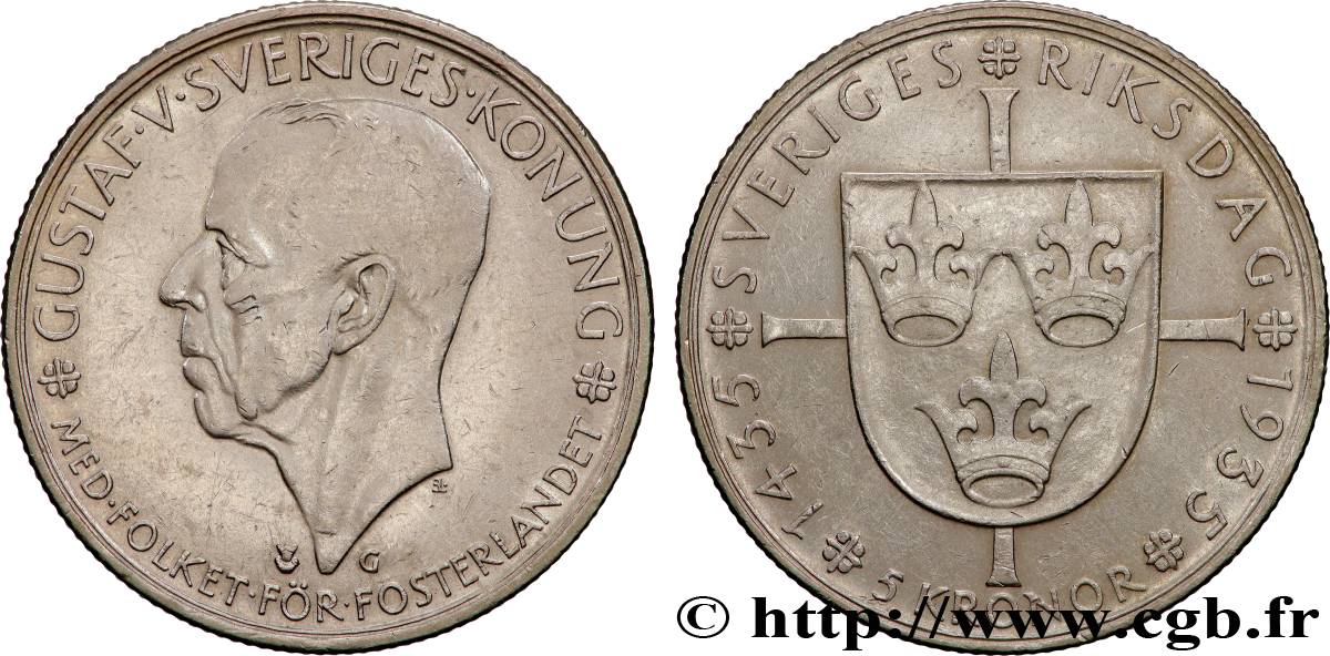 SUÈDE 5 Kronor Gustave V - 500e anniversaire du Riksdag 1935  TTB+