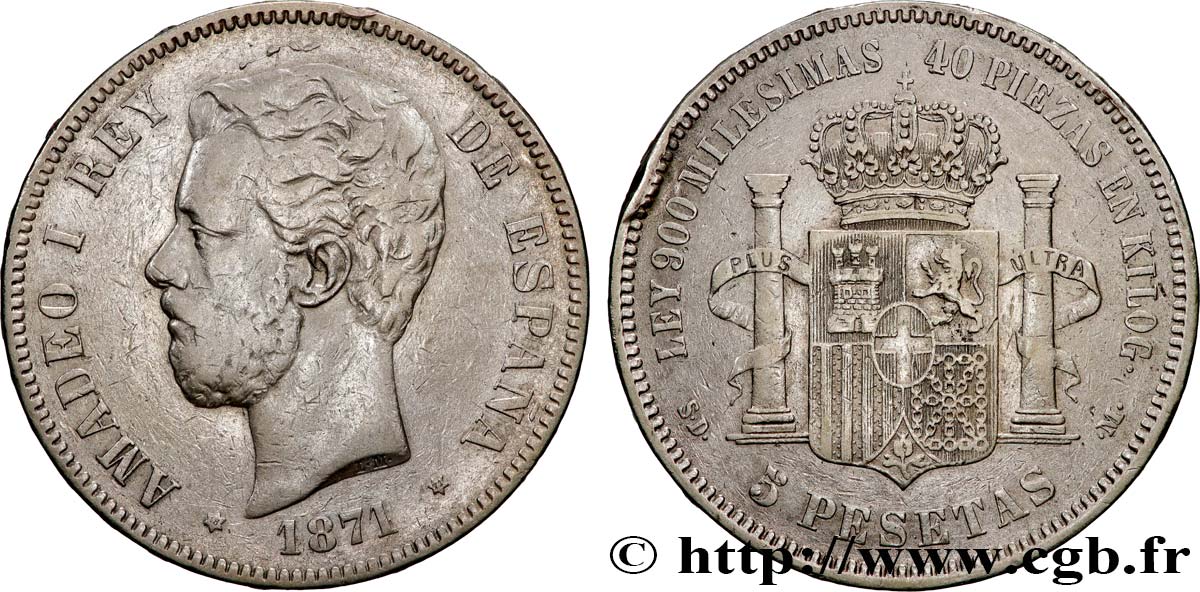 SPAIN - KINGDOM OF SPAIN - AMEDEE I 5 Pesetas 1871 Madrid VF