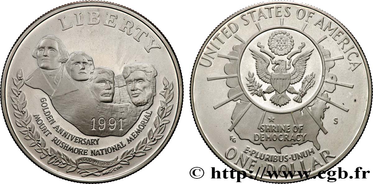 UNITED STATES OF AMERICA 1 Dollar Proof 50e anniversaire du Mont Rushmore 1991 San Francisco - S MS