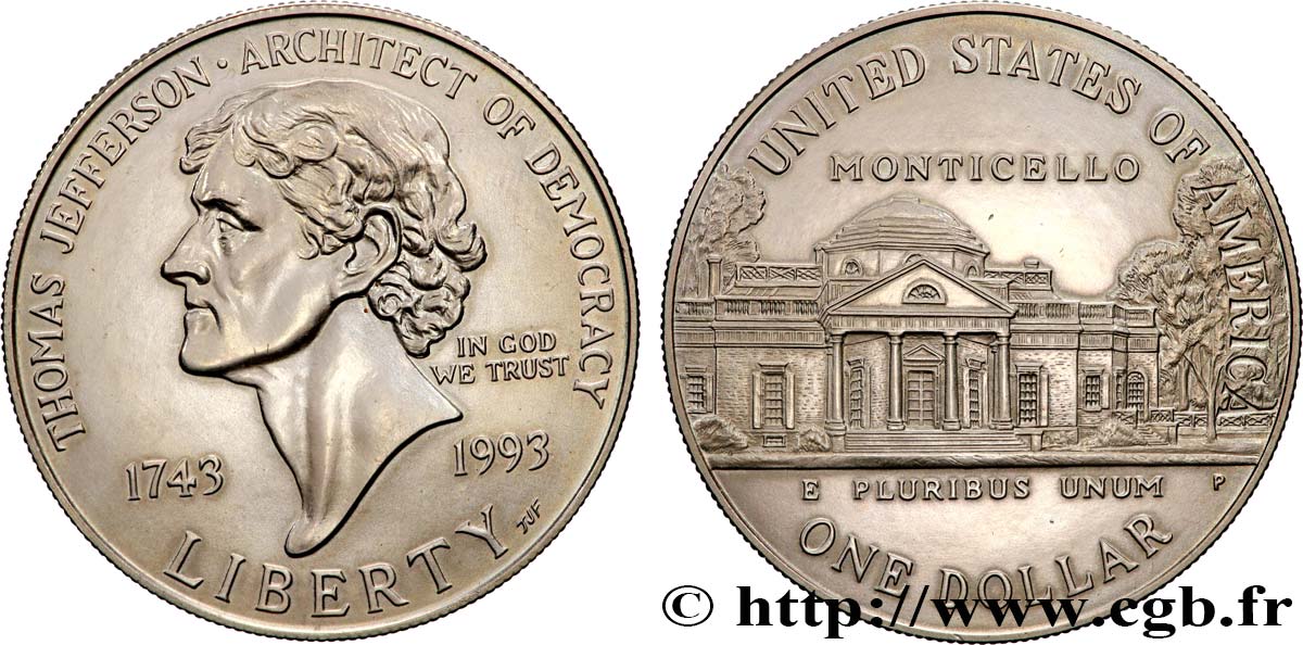 ÉTATS-UNIS D AMÉRIQUE 1 Dollar Jefferson 1993 Philadelphie SPL