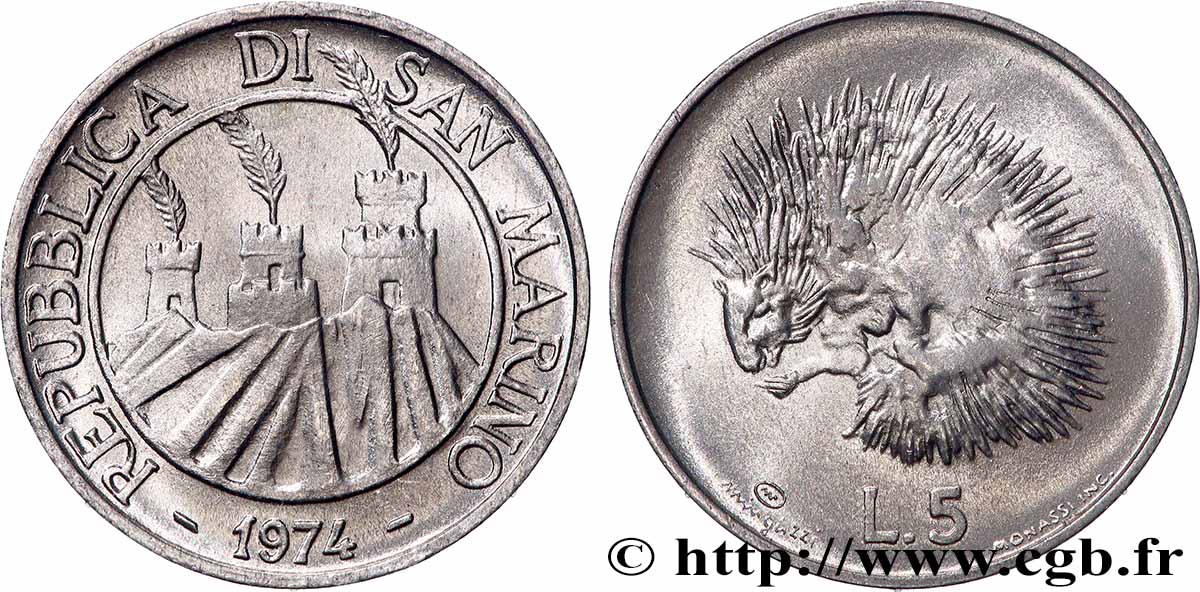 SAINT-MARIN 5 Lire 3 tours / hérisson 1974 Rome - R FDC