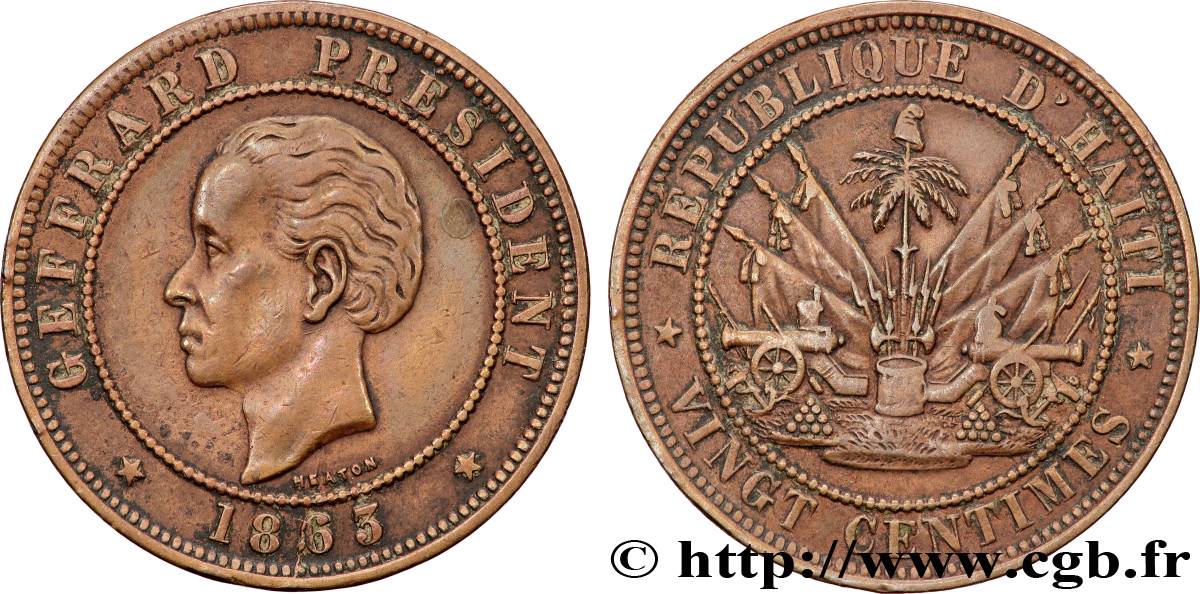 HAÏTI 20 Centimes président Geffrard 1863 Heaton TTB