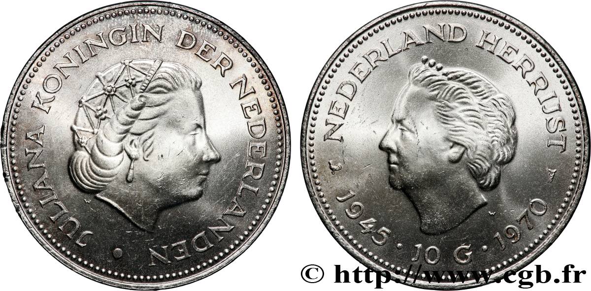 NETHERLANDS 10 Gulden 25e anniversaire de la libération 1970 Utrecht MS