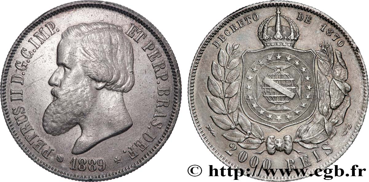 BRÉSIL - EMPIRE DU BRÉSIL - PIERRE II 2000 Reis Empereur  1889  TTB