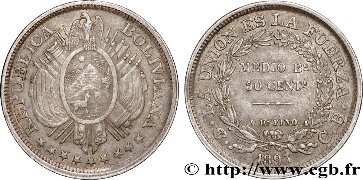 BOLIVIE 50 Centavos (1/2 Boliviano) 1893 Potosi TTB