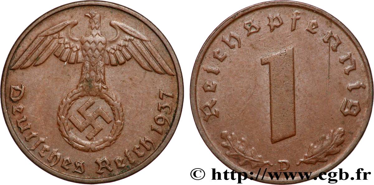 GERMANY 1 Reichspfennig aigle et swastika 1937 Munich AU